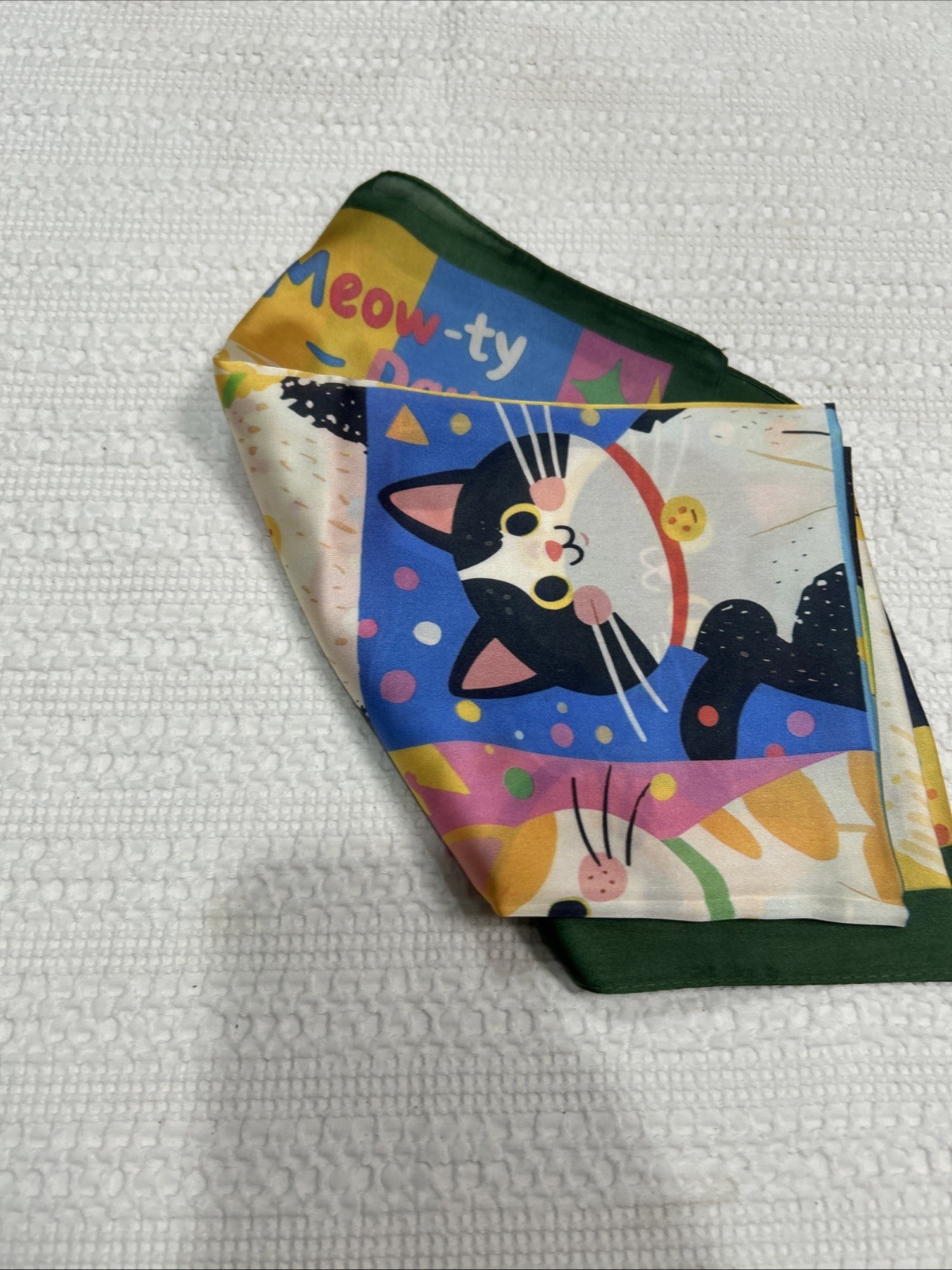 Colorful Cats Funky Fun 26” Square Scarf Floaty Green Border New Breeds Kitties
