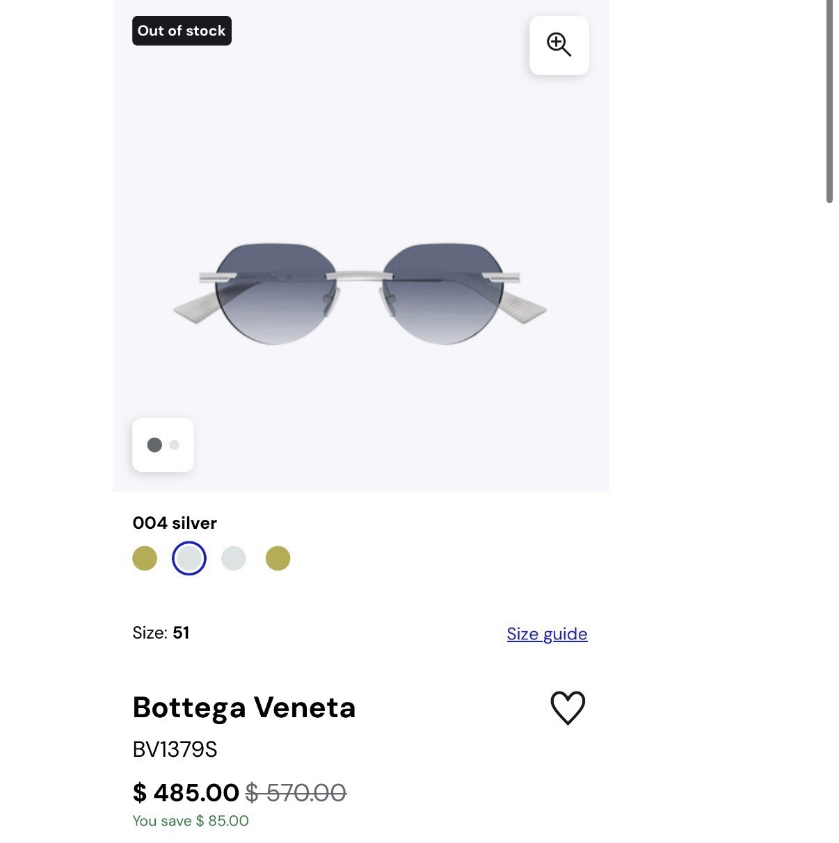 Bottega Veneta BV1379S Rimless Round Sunglasses Silver Metal Gray Gradient