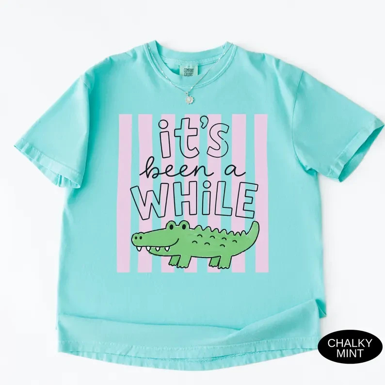 Funny Alligator T-Shirt Cute Retro Pink Stripe Crocodile Graphic Gildan Tee