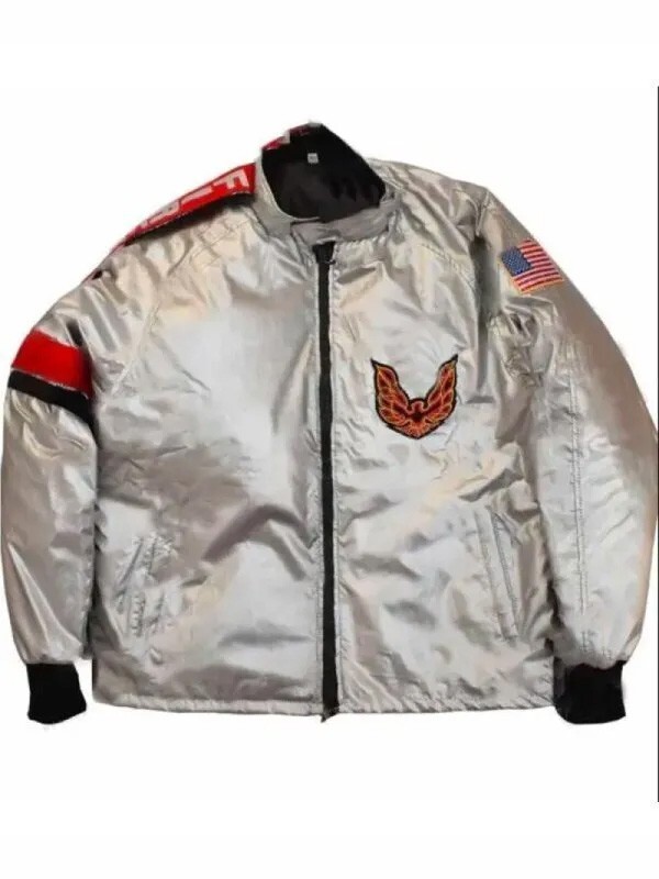 Hooper Firebird Satin Jacket Burt Reynolds Silver Trans Am Costume Dragon Patch