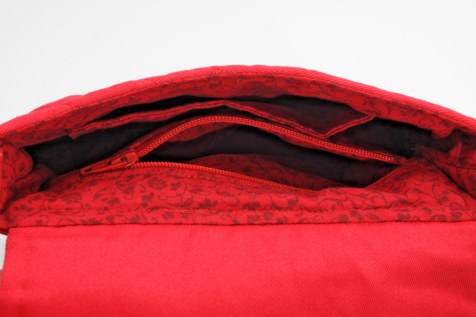 Red Natural Cotton Crossbody Bag Embroidered Adjustable Strap.