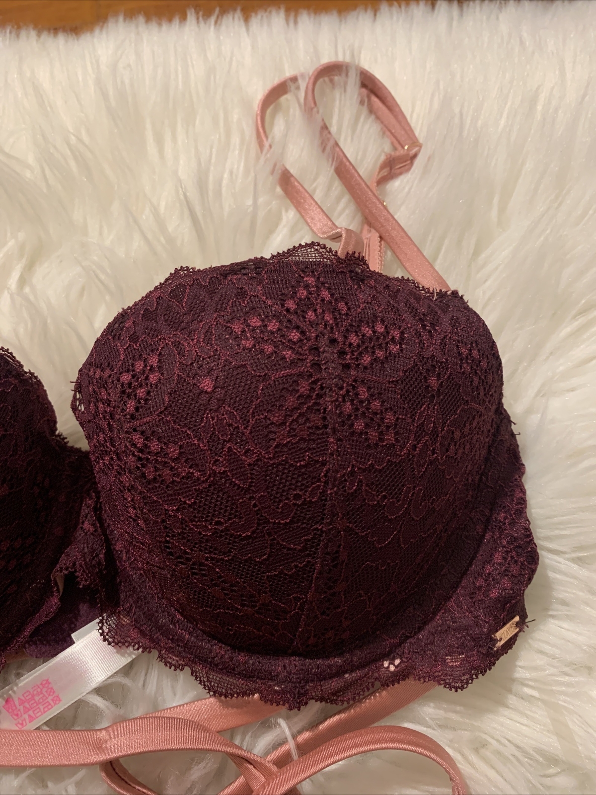 victoria’s secret pink Sexy Date Push Up 32D Burgundy Floral Pattern NWOT