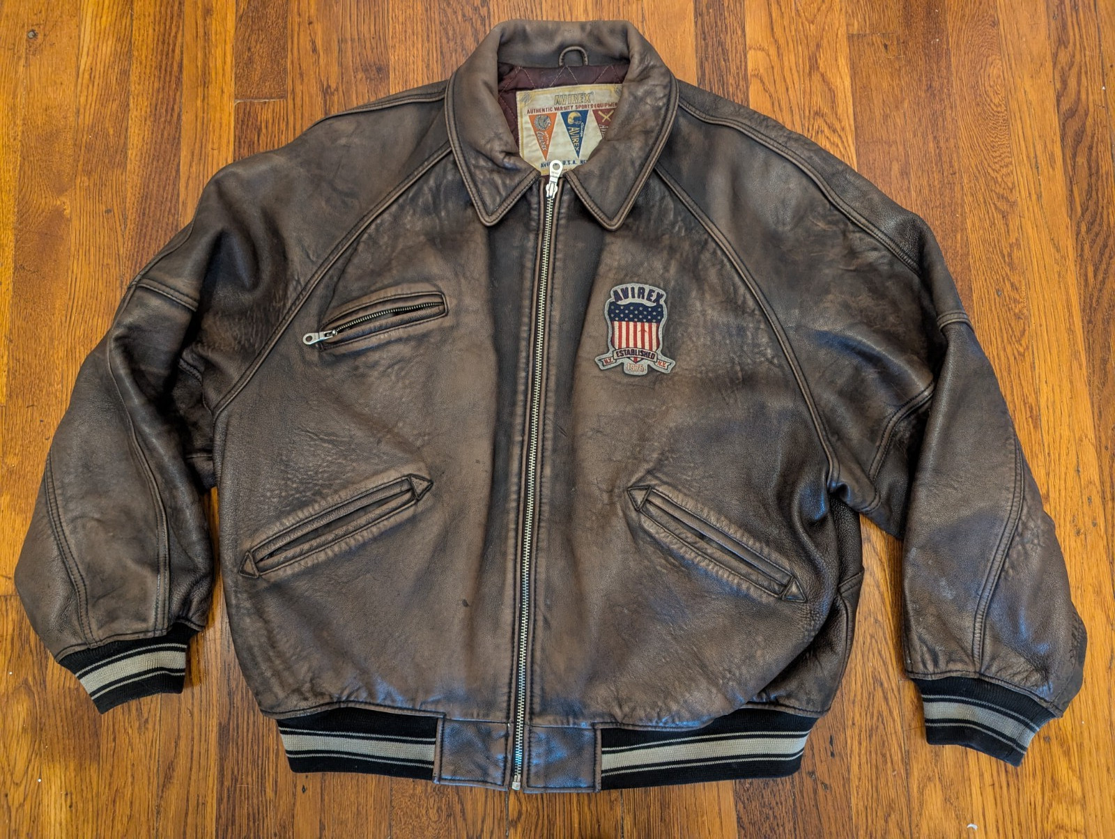 90s AVIREX ICON VTG USA ‘ALL AMERICAN’ USA LEATHER JACKET VARSITY – XXL