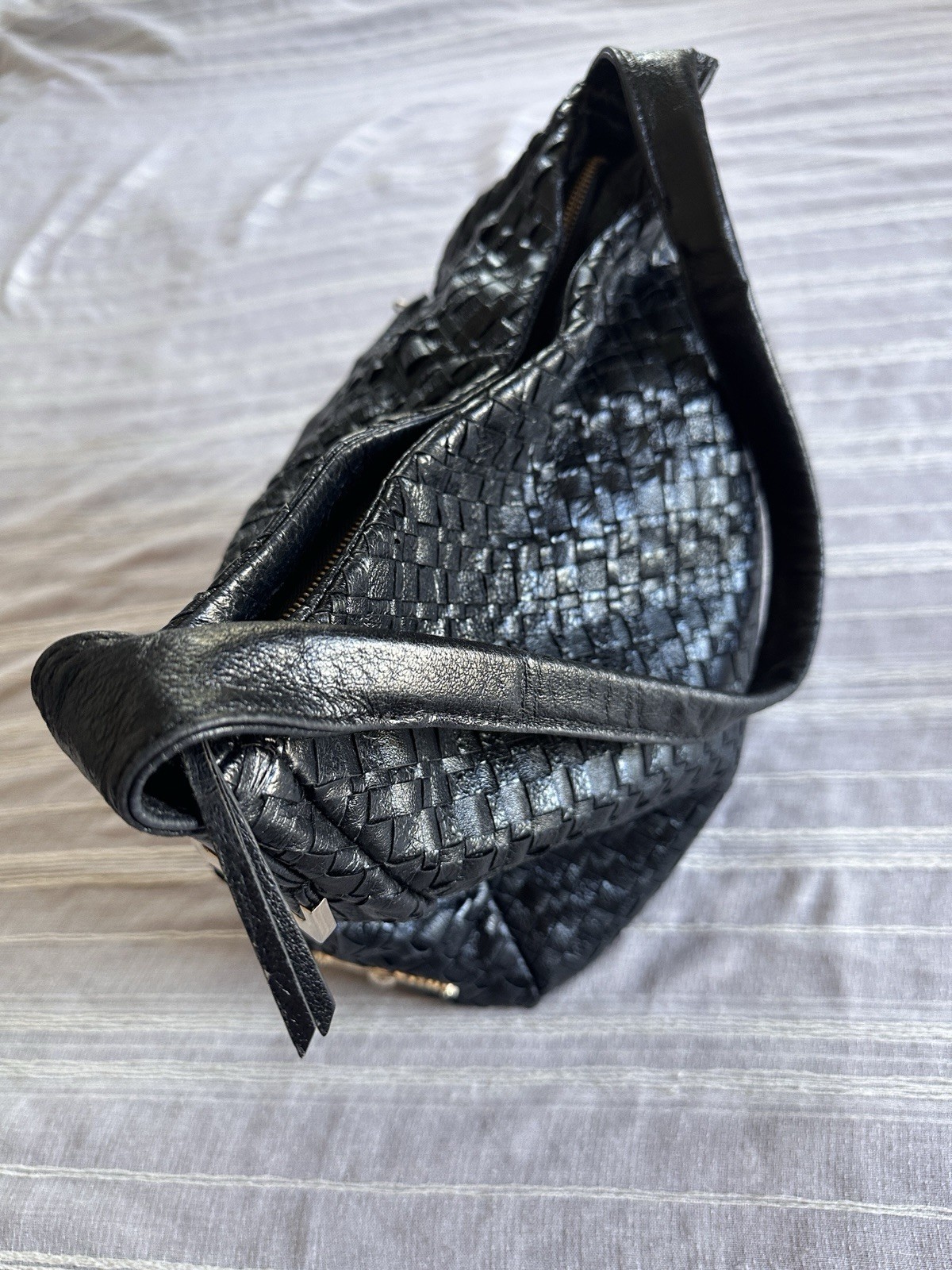 Elliott Lucca Black Woven Glazed Leather Shoulder Hobo Bag | Silver Hardware