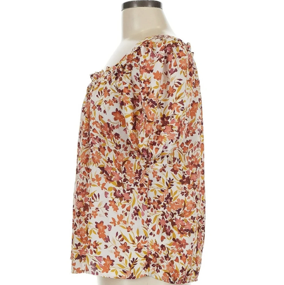 CeCe Floral Puff Sleeve Blouse Square Neck Tie Front Top Autumn Size Medium