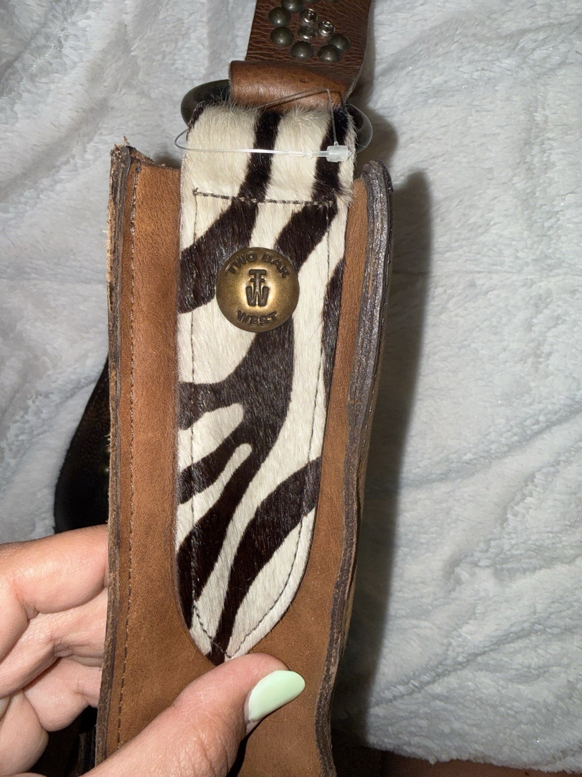 Two Bar West Brown Studded Shoulder Bag for Women w/ Zebra Detail, Bronze