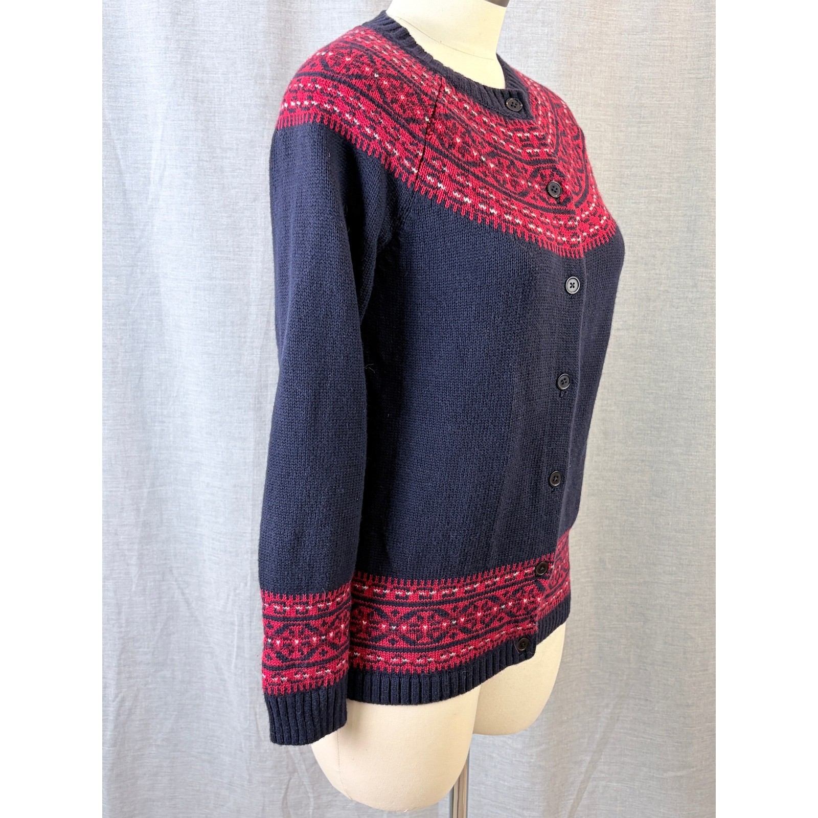 Talbots Fair Isle Knit Cardigan Navy Red White Yoke Nordic Pattern Petites MP