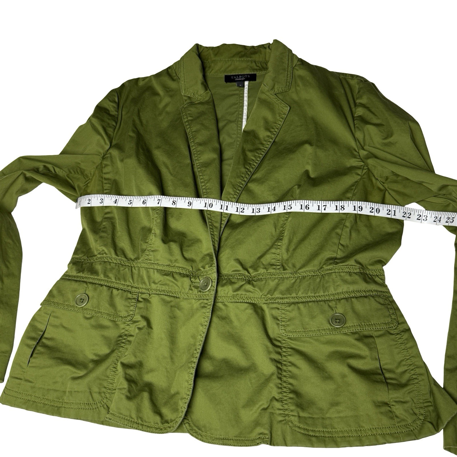 Talbots Blazer Green Jacket Safari Women’s SZ 16 Twill Olive One BTN Office EUC