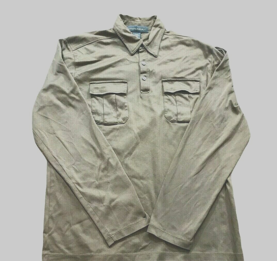 Banana Republic Mens Polo Shirt Brown L Cotton 1/4 Button Long Sleeve Pockets