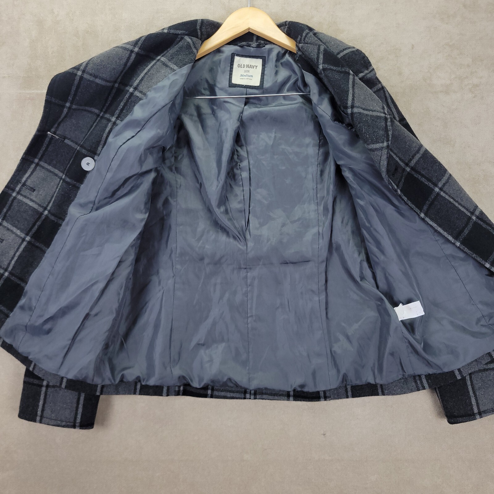 Old Navy Gray & Black Plaid Wool Blend Womens Double Breast Pea Coat Size Medium