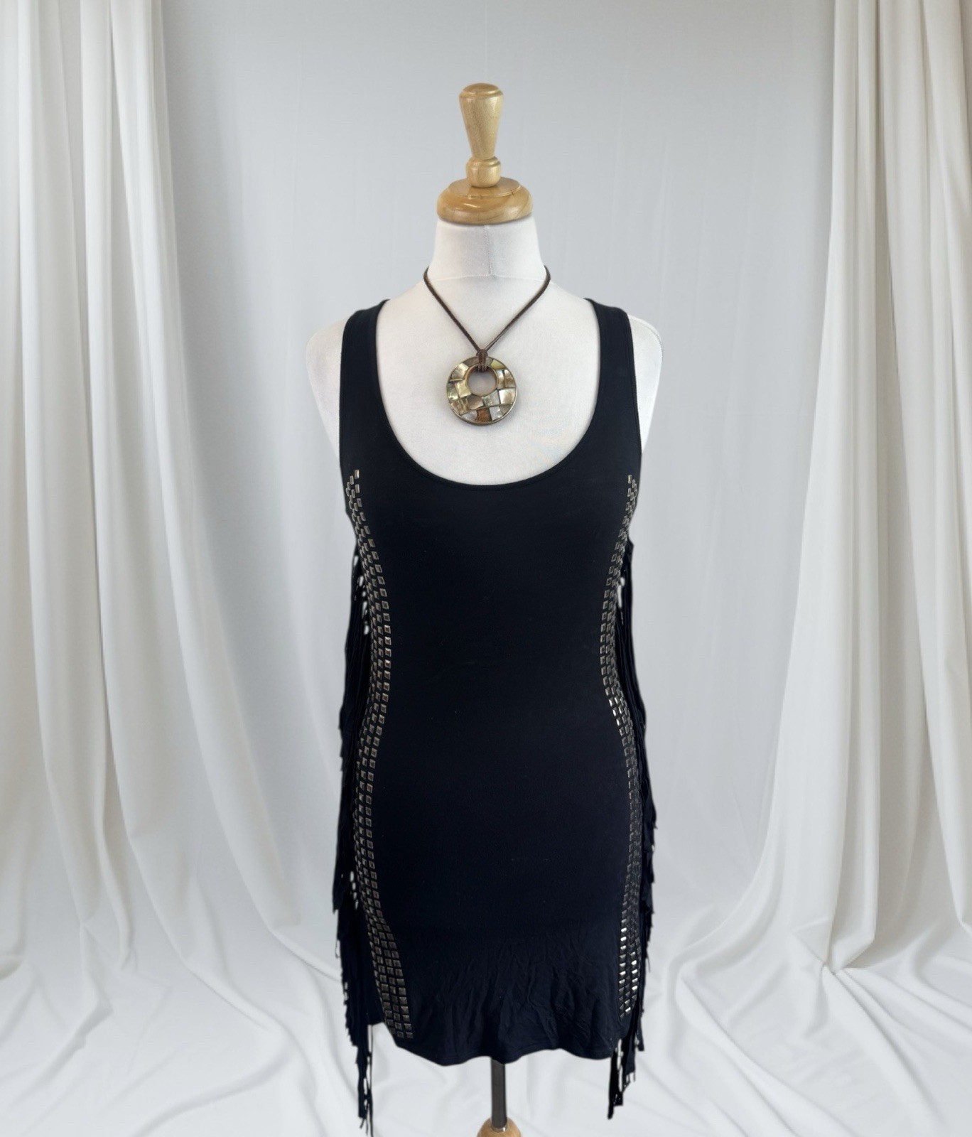 Y2K Black Studded Fringe Tunic Top Dress Boho Goth Grunge Punk Western Edgy S