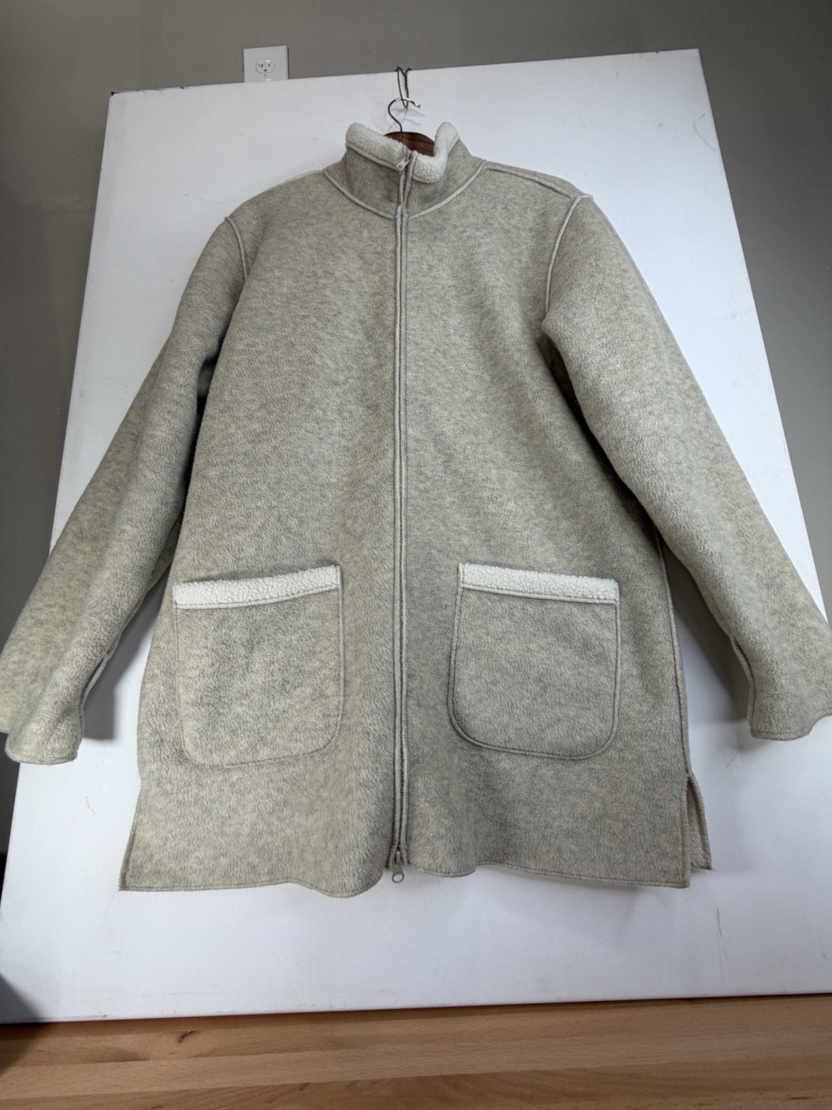 Denim & Co. Fleece Coat Gray Sherpa Lined Long Jacket Large Zip Front Pockets