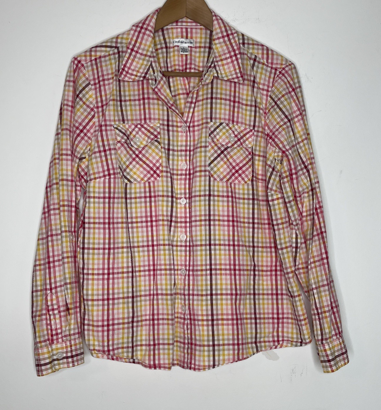 Croft & Barrow Plaid Shirt Women’s Sz Petite L Long Sleeve Seersucker Top Button