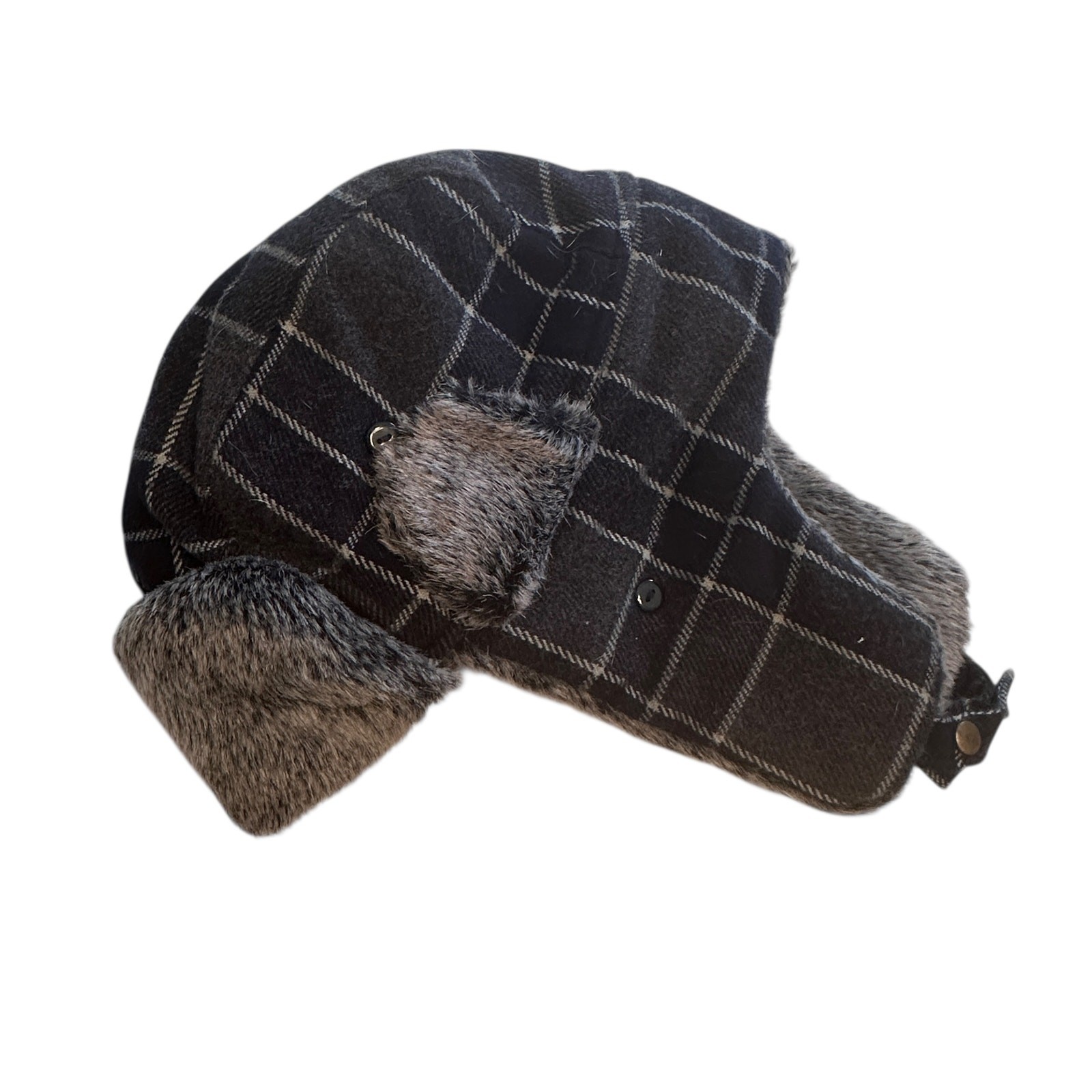 Dockers Trapper Hat One Size Gray Plaid Sherpa Faux Fur Trim Quilted Lined Warm