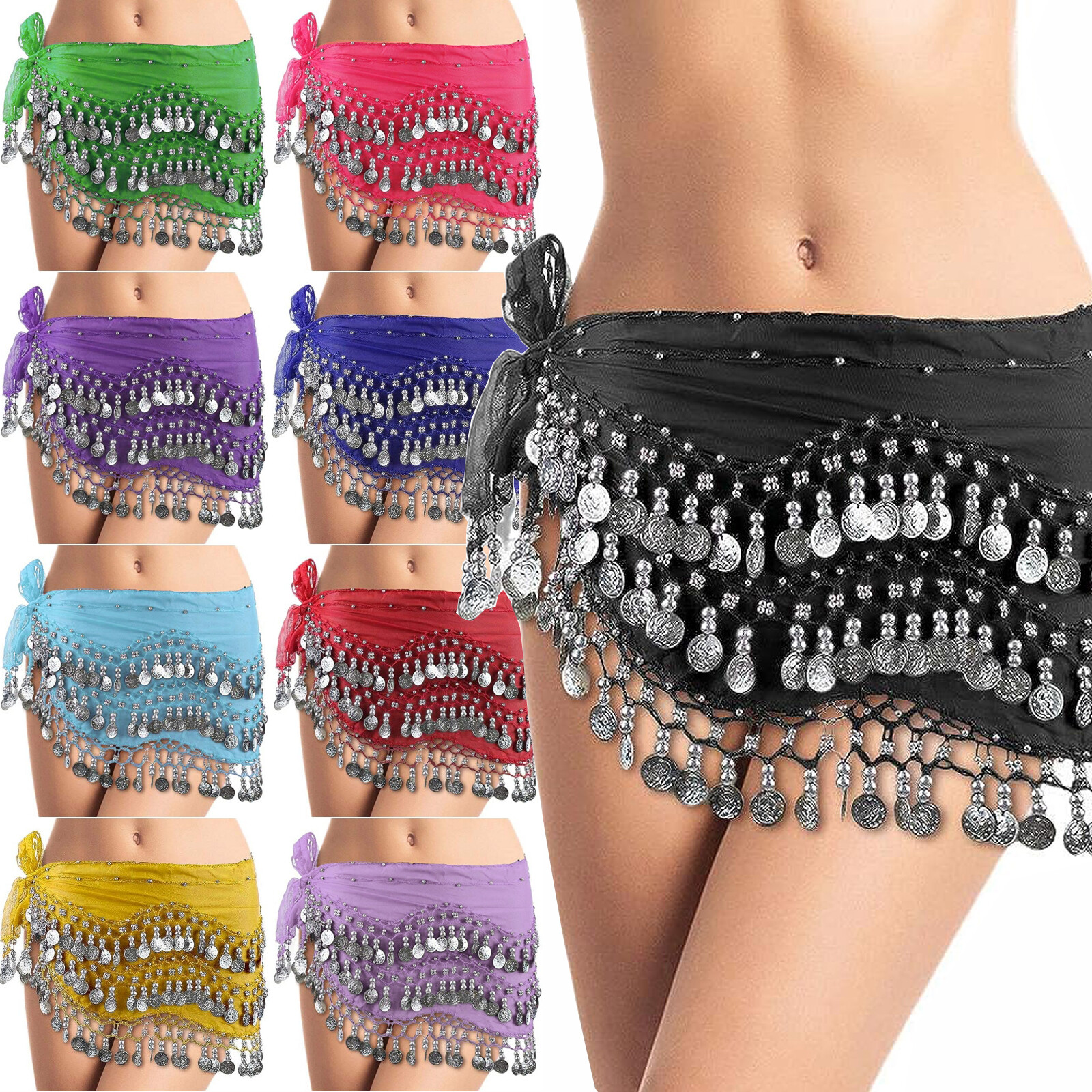 Chiffon Belly Dance Hip Scarf Wrap Belt Tribal Sash Skirt Silver Coins Costume