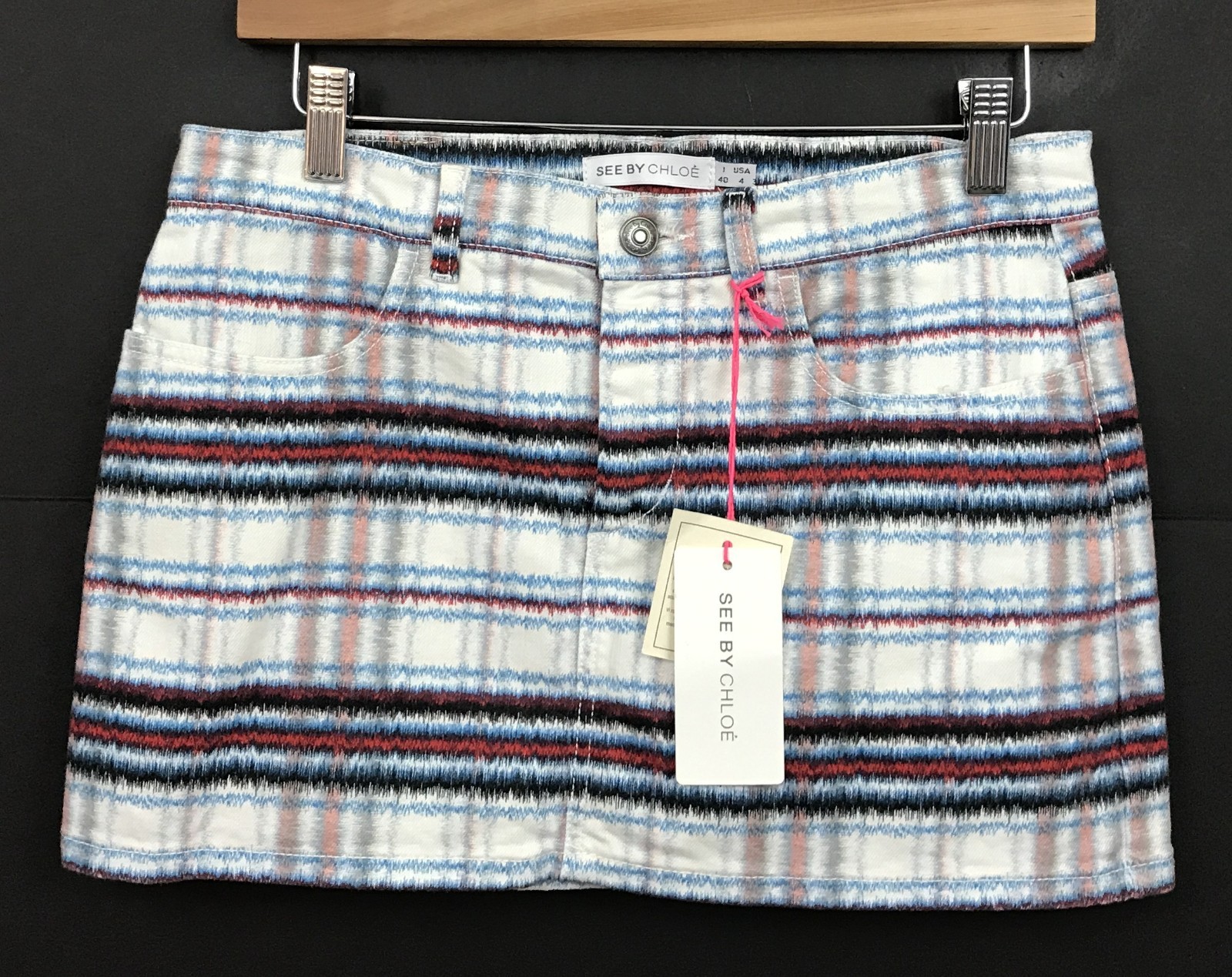 NWT See By Chloe Multicolor Plaid Denim Mini Skirt Made in Italy Size 4