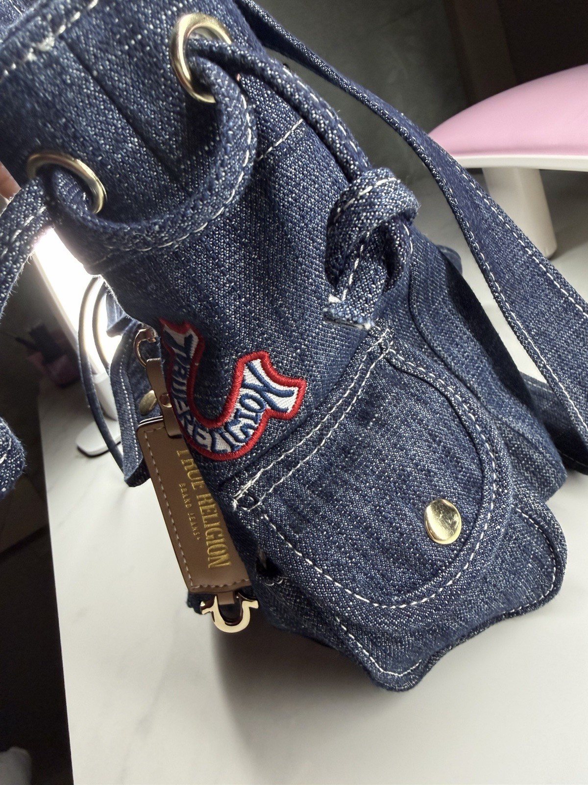 True Religion Blue Logo Tote Bag Zip Closure Detachable Strap Gold Hardware