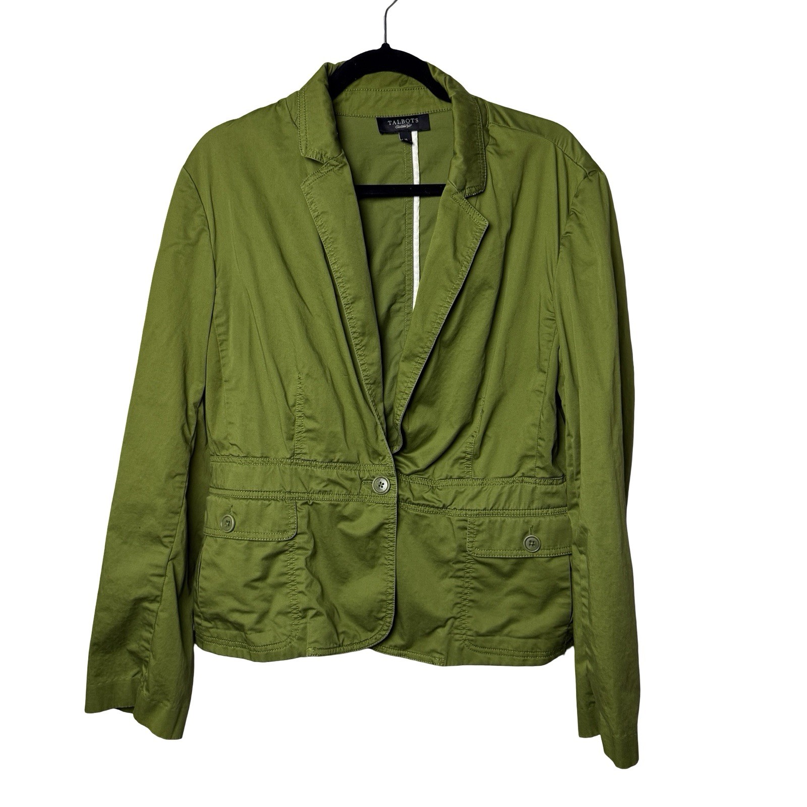 Talbots Blazer Green Jacket Safari Women’s SZ 16 Twill Olive One BTN Office EUC