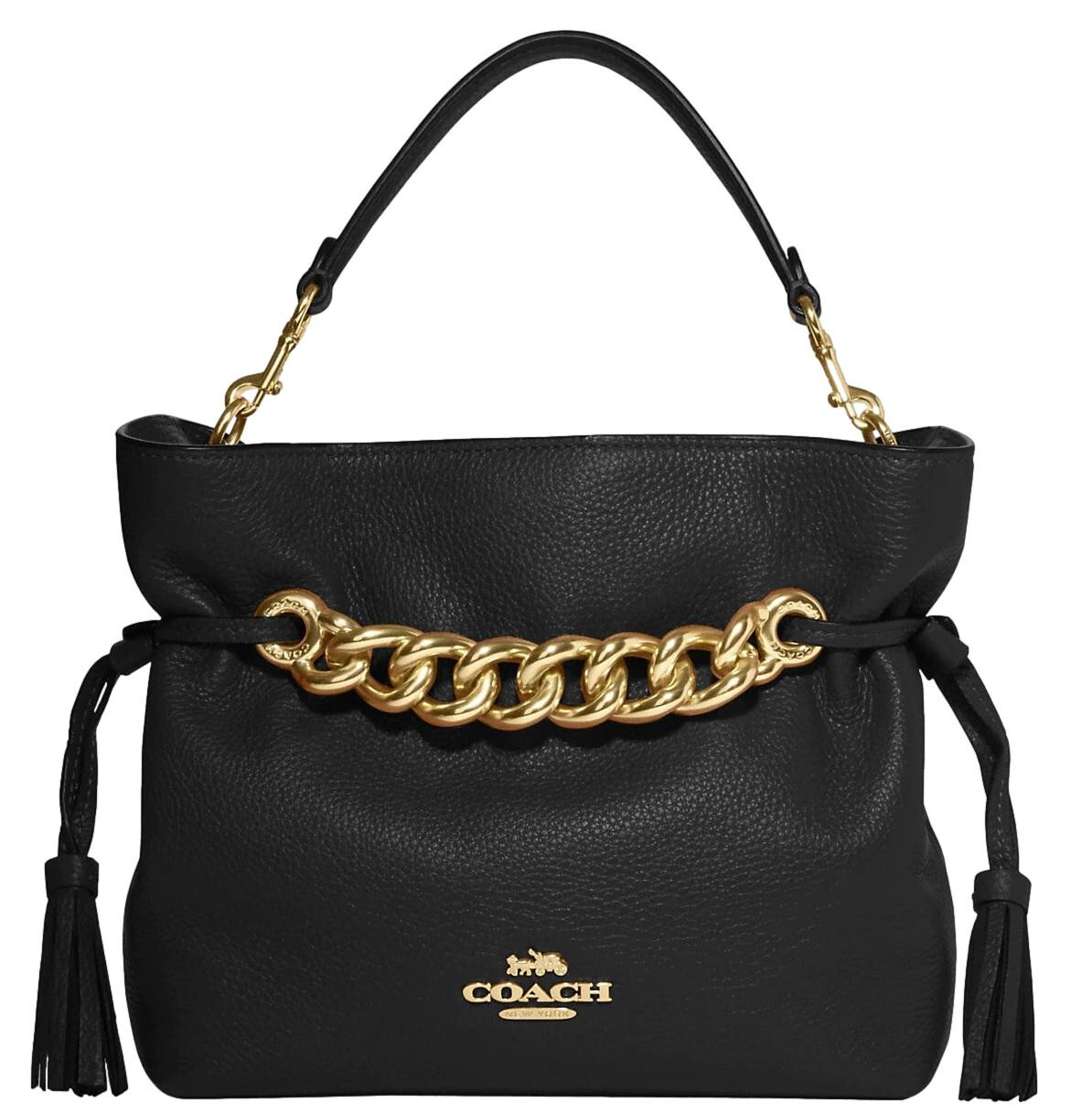 New COACH Women’s Pebble Leather Tassle Chain Crossbody Bag Handbag – Black