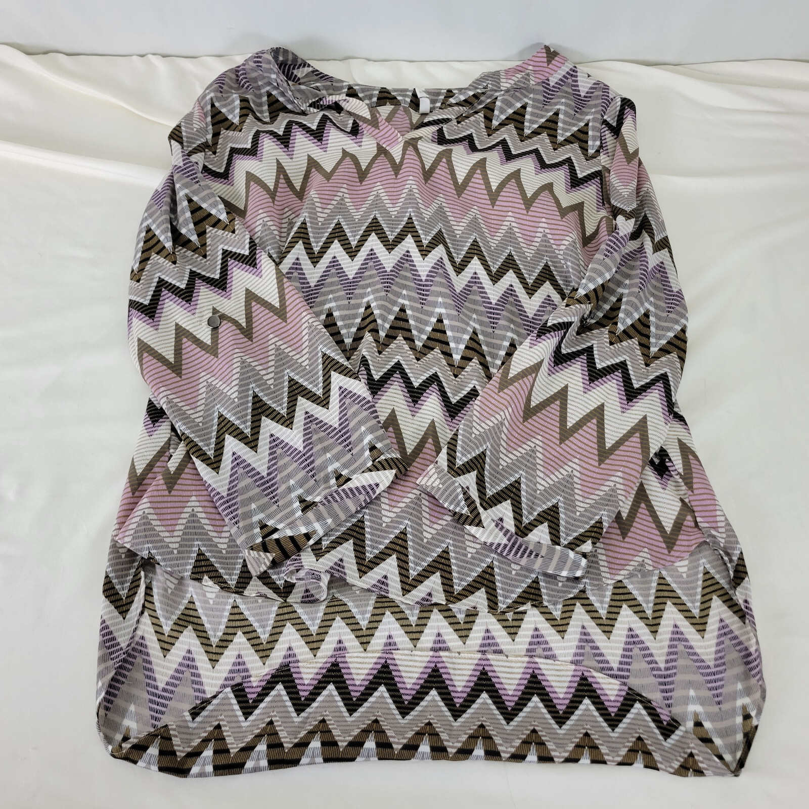 Cato Womens Blouse Small Top Multicolor Long Roll Tab Sleeve Split V Neck Shirt