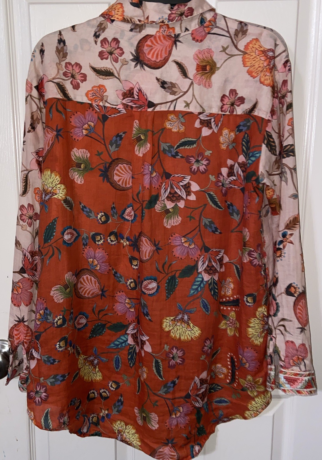 Johnny Was Workshop Pink Paris Blouse Boho Chic Floral Womens S 100% Ramie