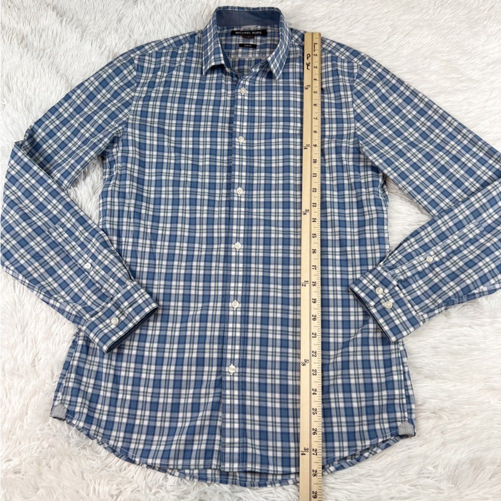 Michael Kors Men’s long sleeve slim fit plaid button up shirt in blue size S