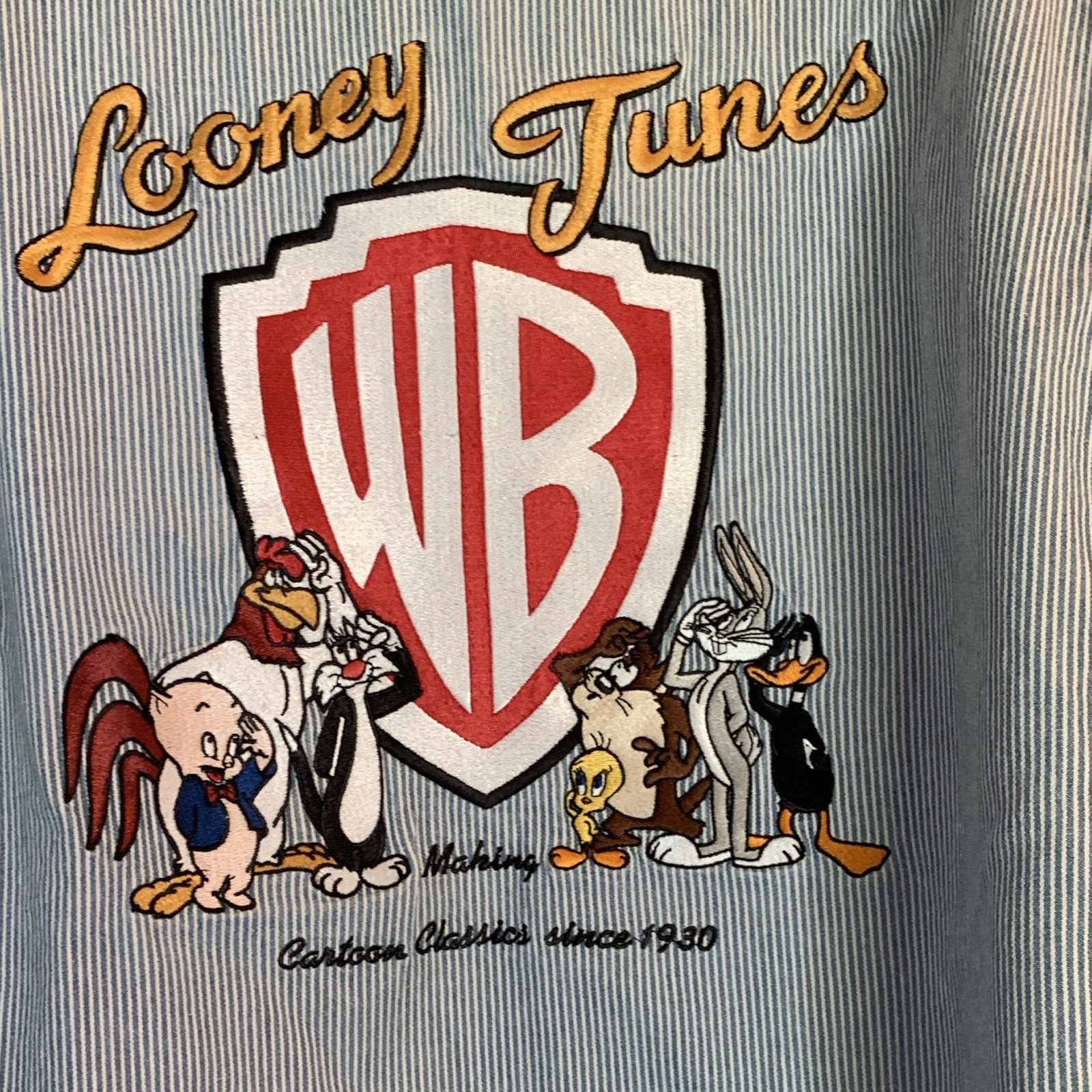 Warner Bros Looney Tunes Embroidered Blue White Striped Cotton Shirt S