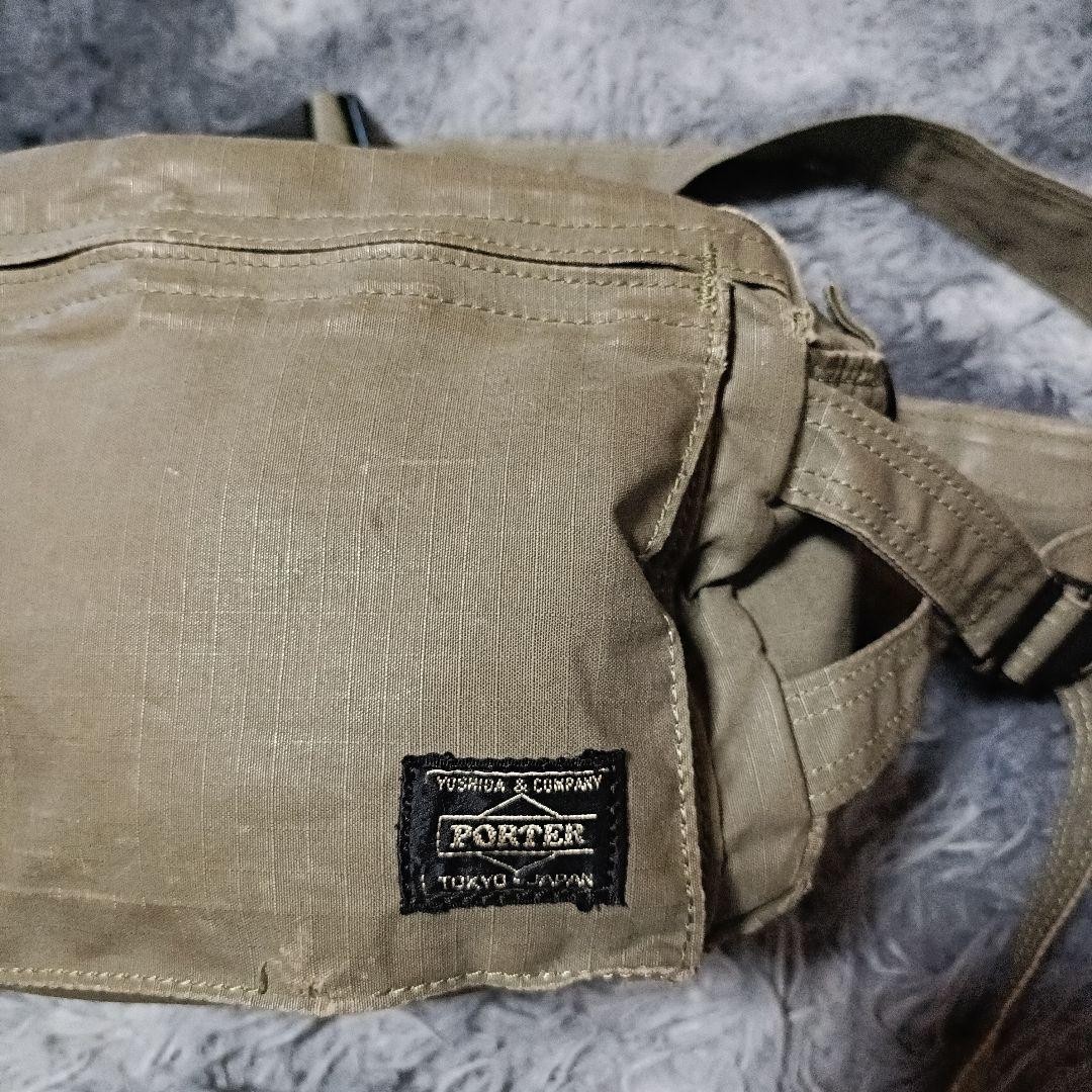 Authentic PORTER Military Body Bag 34x17x13cm Khaki Grunge 2Way with Wear