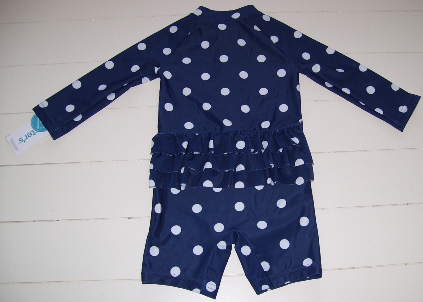 Carter’s 1 Pc Blue White Polka Dot Long Sleeve Rash Guard Ruffle Swimsuit 12M