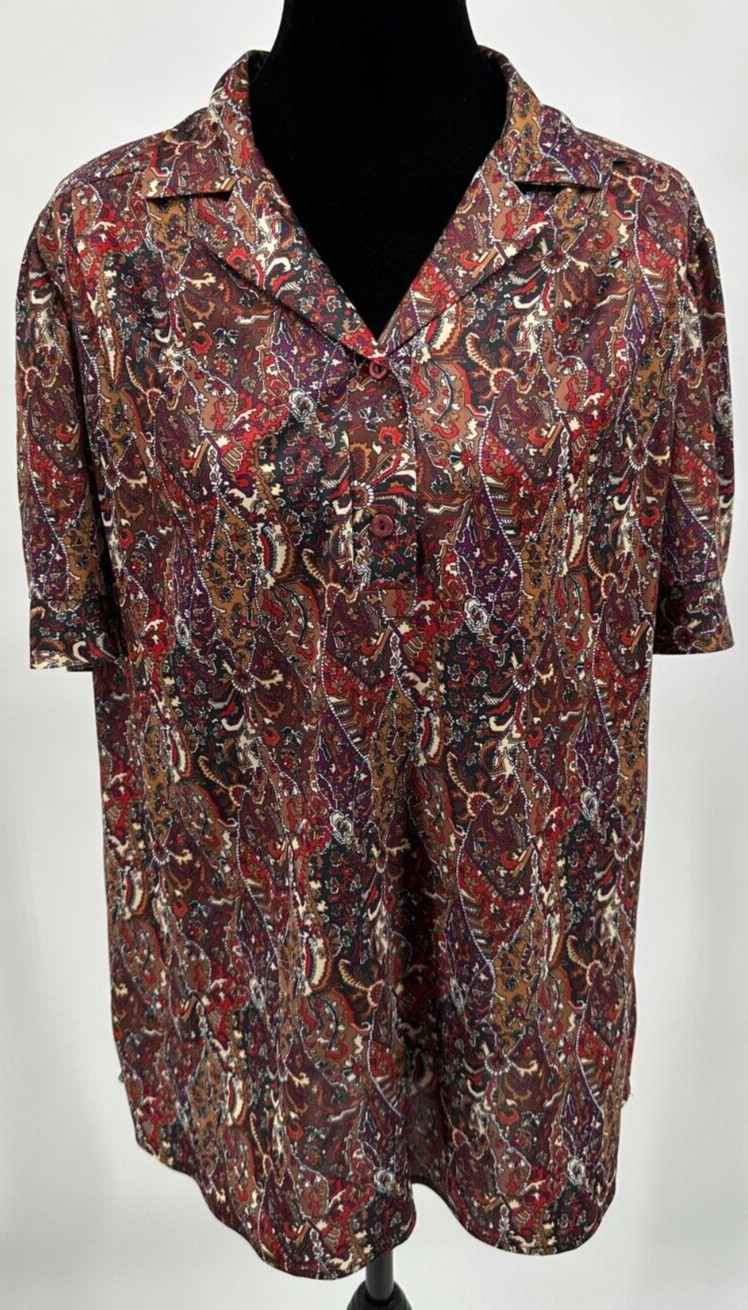 Top Notch Womens Short Sleeve Collared Blouse Size 38/18W Brown Autumnal Floral