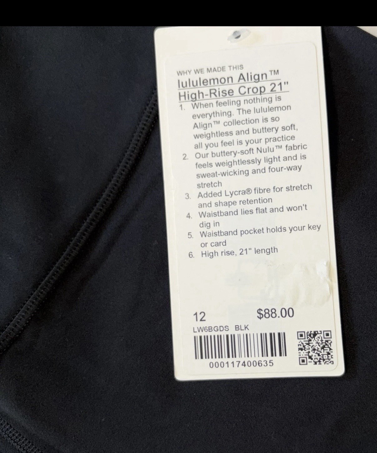 NWT🖤LULULEMON🖤SIZE 12🖤ALIGN HIGH RISE 21” CROP PANT🖤AUTHENTIC🖤BLACK🖤 NULU