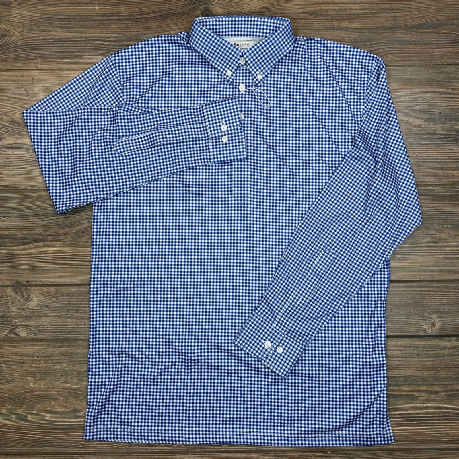 Collars & Co Mens Size Large Long Sleeve Oxford Polo Shirt Blue Gingham Stretch