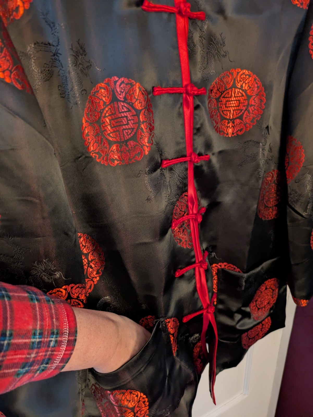 YHSL Mens XL (42″) Asian Jacket Dragon Black Red Knot Frog Closure Lined Pocket