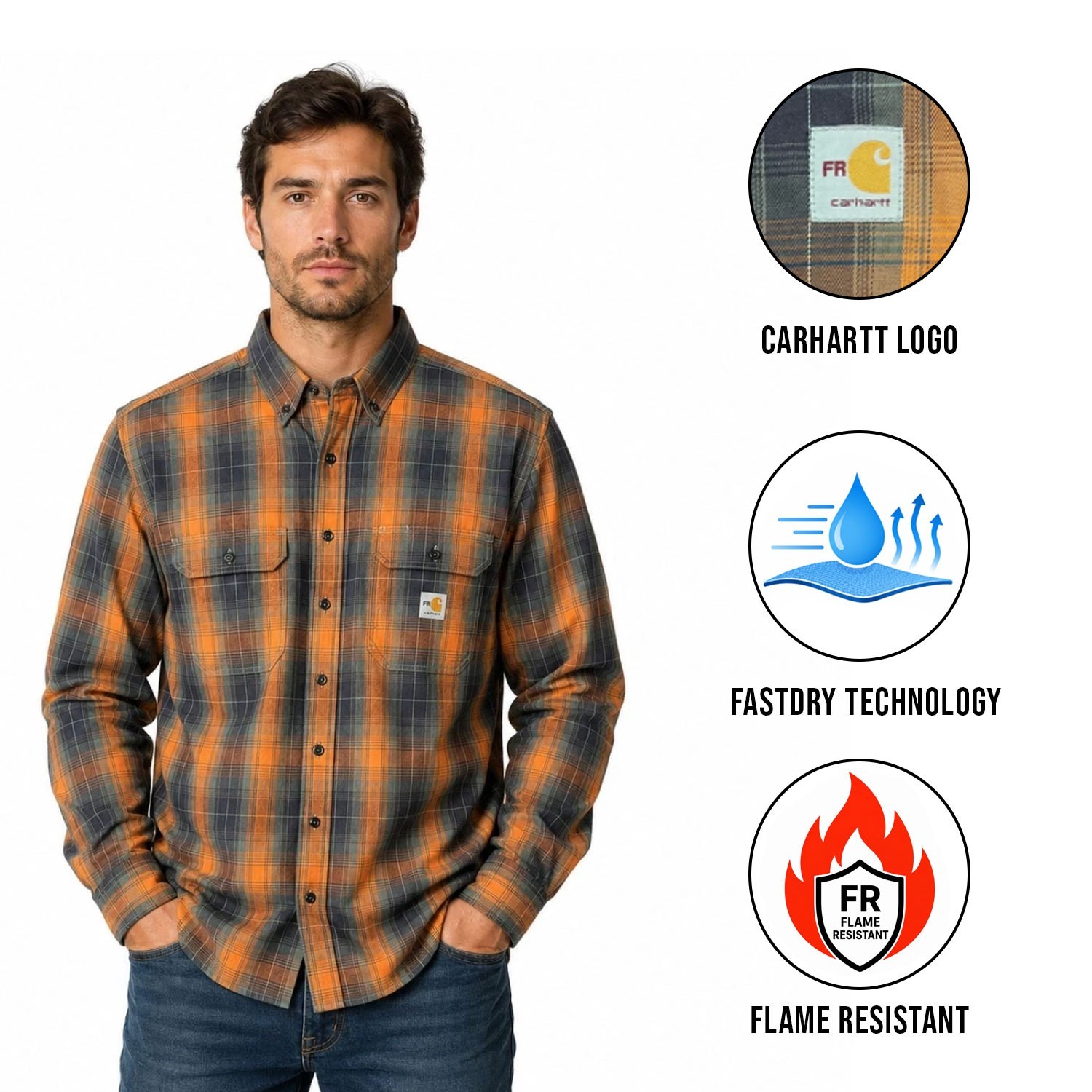 Carhartt FR Men’s Orange Shirt Flex Loose Fit Midweight Twill Plaid L/S (S361)