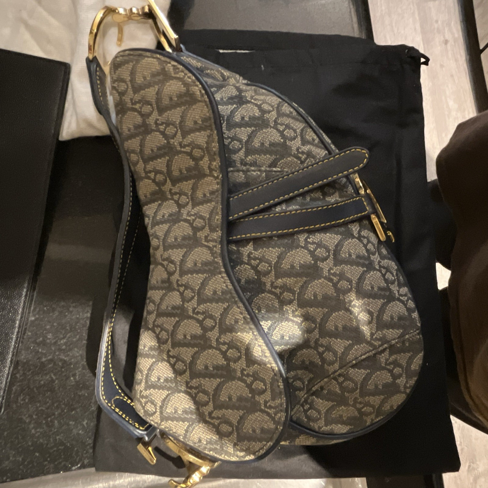 Dior Saddle Bag Small Blue/Beige Monogram, Gold Hardware, Flap, Strap