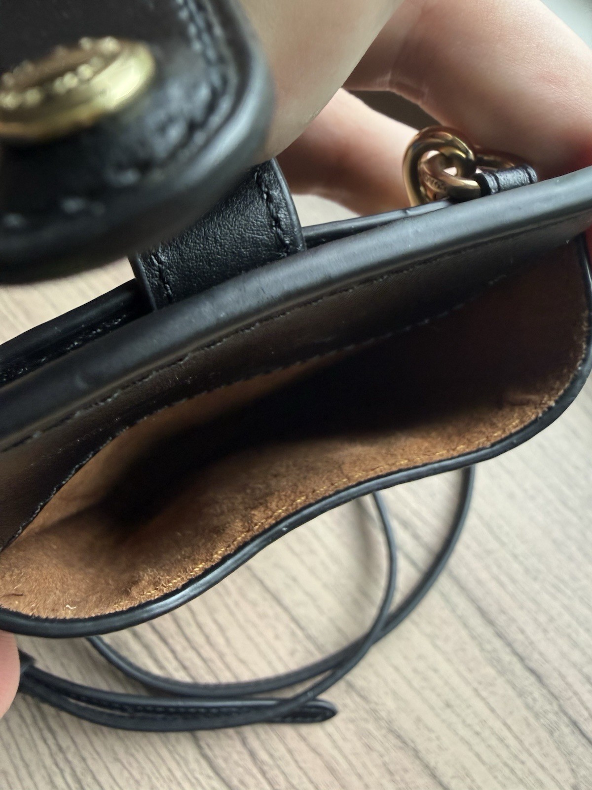 COACH C7397 North South Phone Crossbody Signature Canvas Brown Black Gold Chain
