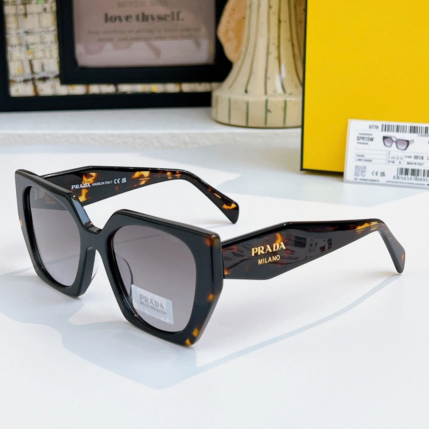 Prada PR 15WS Oversized Square Sunglasses Women Authentic Black Tortoiseshell