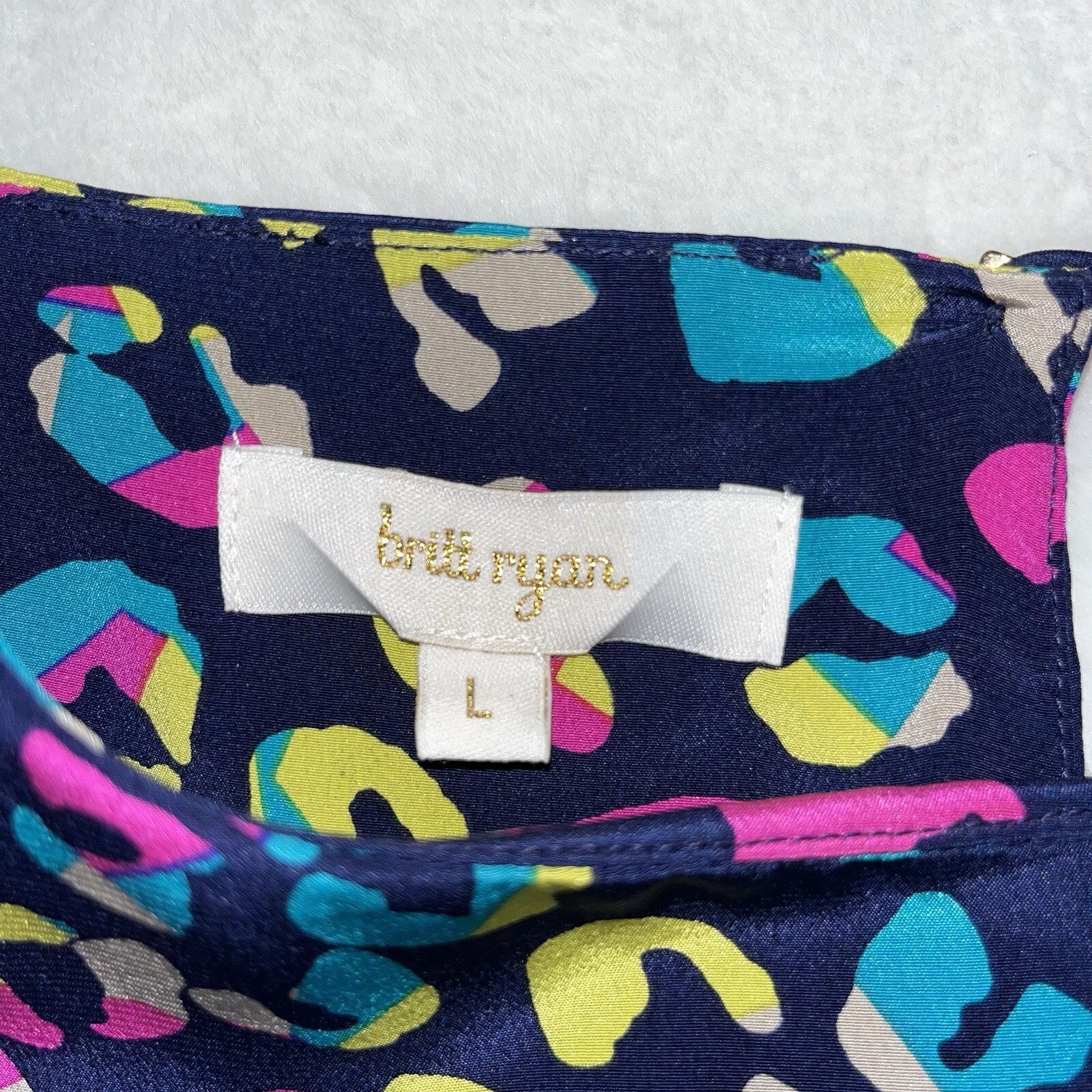 Britt Ryan Shift Dress Sz L Navy Leopard Multicolor 3/4 Slv 100% Silk Made In US