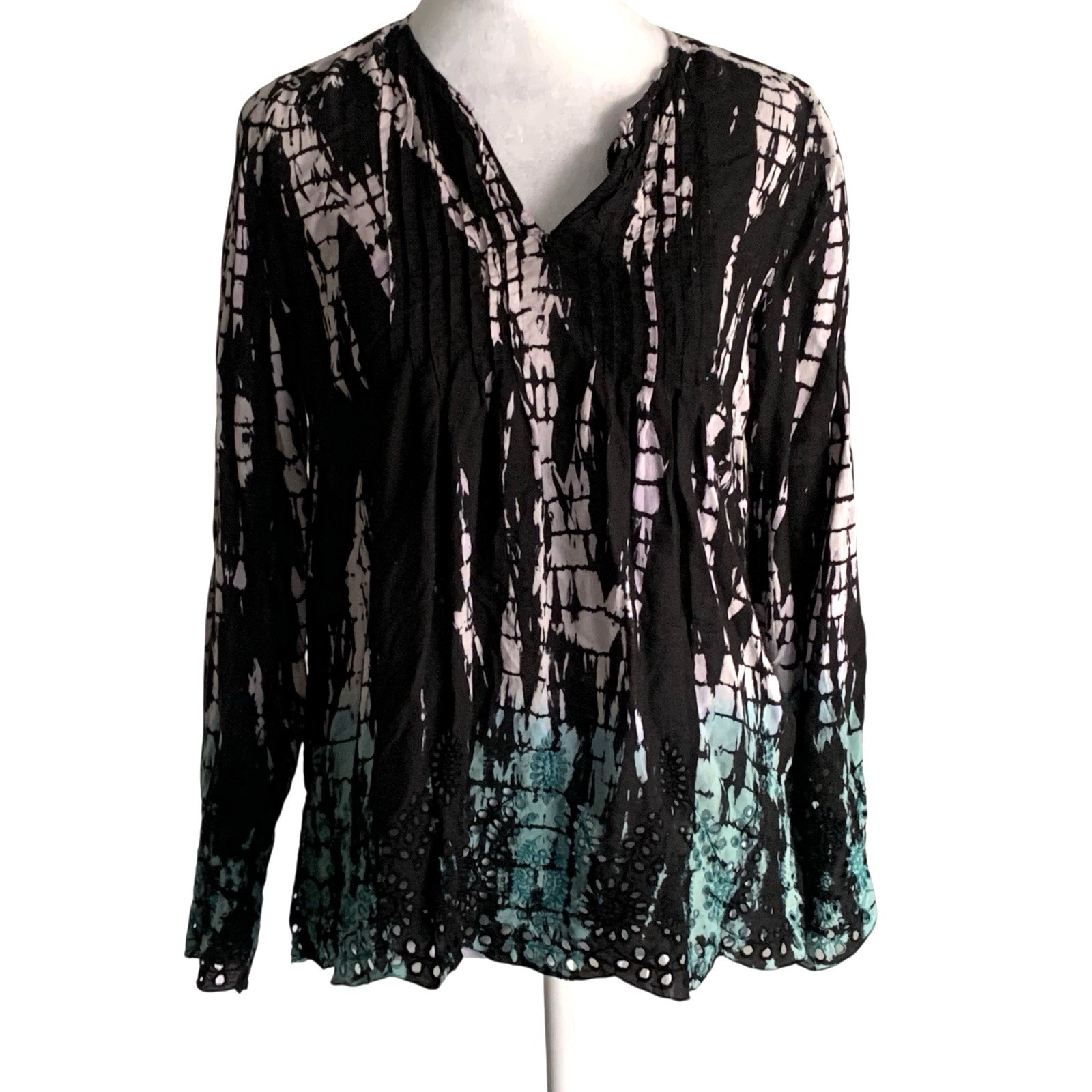 Natural Life Small Colorful Tie Dye Eyelet Lace Detail Long Sleeve Light Top