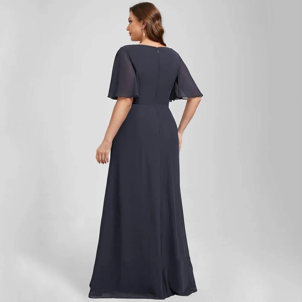 Navy Blue Scoop Mother of Bride Dresses with Chiffon Half Sleeve Wedding