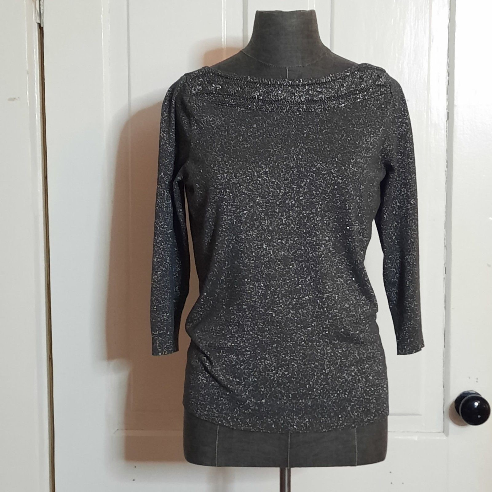 Worthington Metallic Lurex Black Silver Sparkle Knit Top Cable Yoke Detail, MED