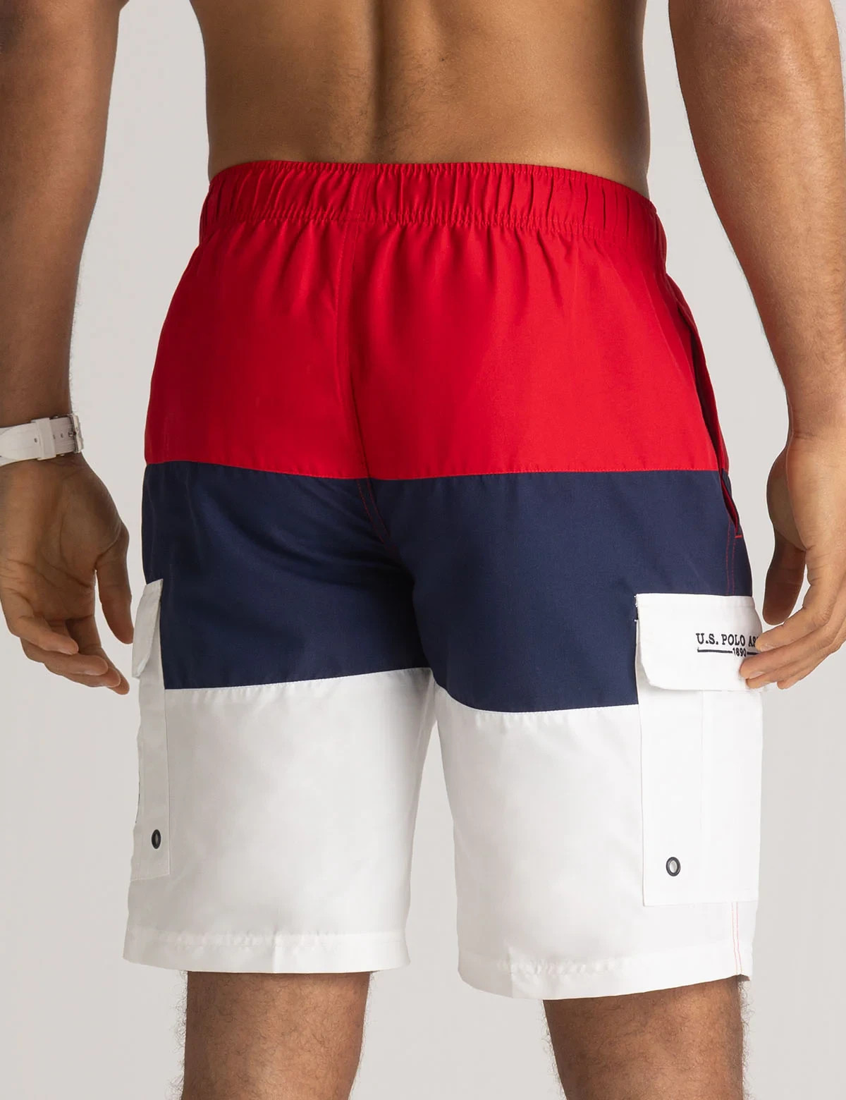 U.S. POLO ASSN. Tri-Colorblock Cargo Swim Trunks, ENGINE RED Color (CHOICE SIZE)
