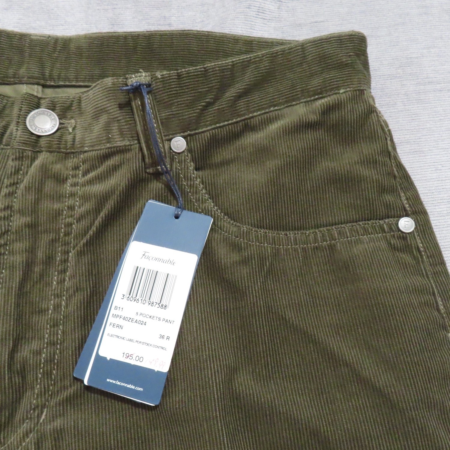 Mens Faconnable 5 Pocket Pants 36R Green Corduroy Cotton Straight Leg 36×33.5