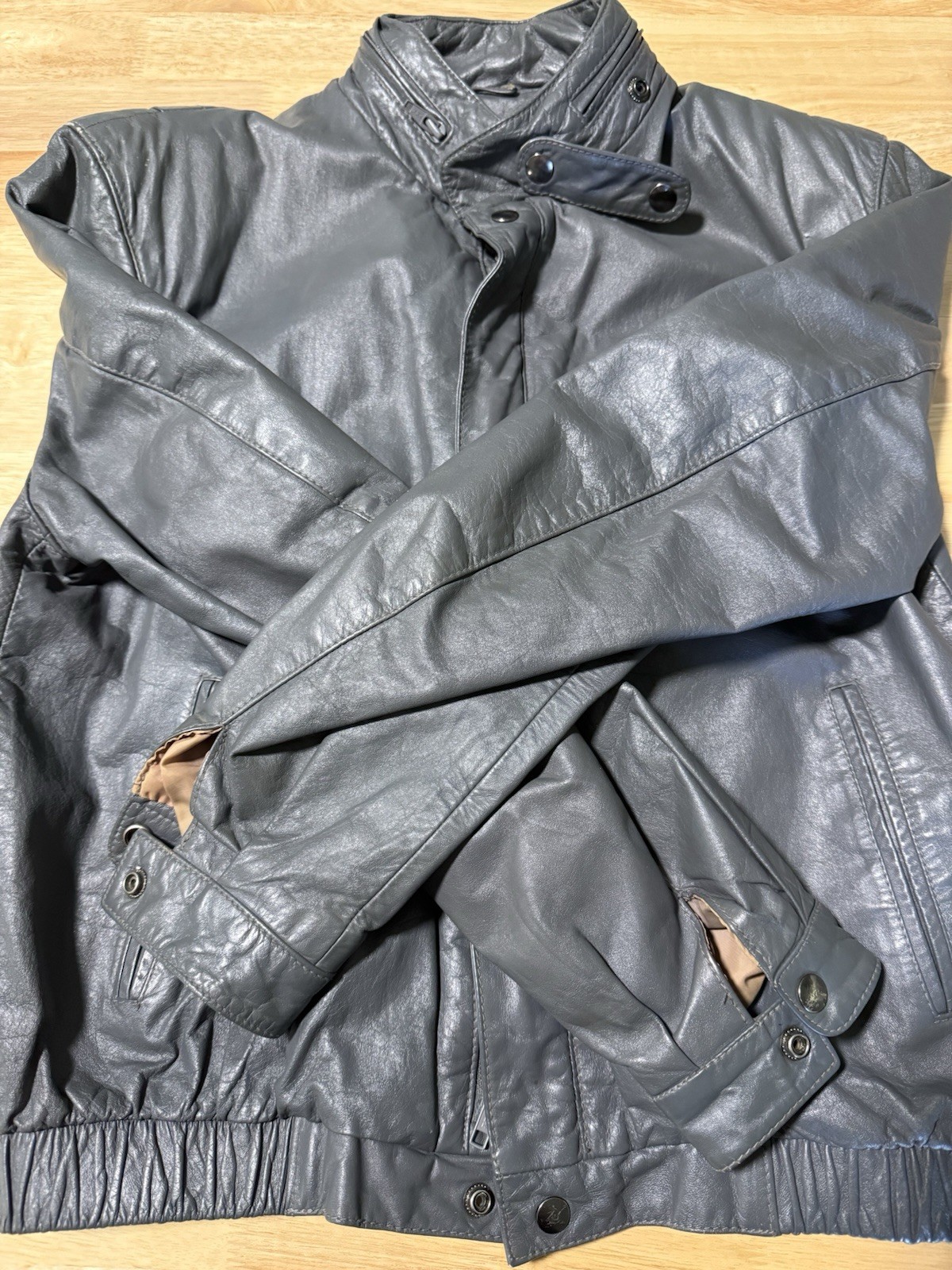 Vintage Men’s Gray Leather Jacket Moto Bomber Style YKK Zip Size 38