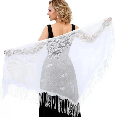 White Lace Shawl Triangle Lace Shawls and Wraps with Fringe Floral Laces Shawl