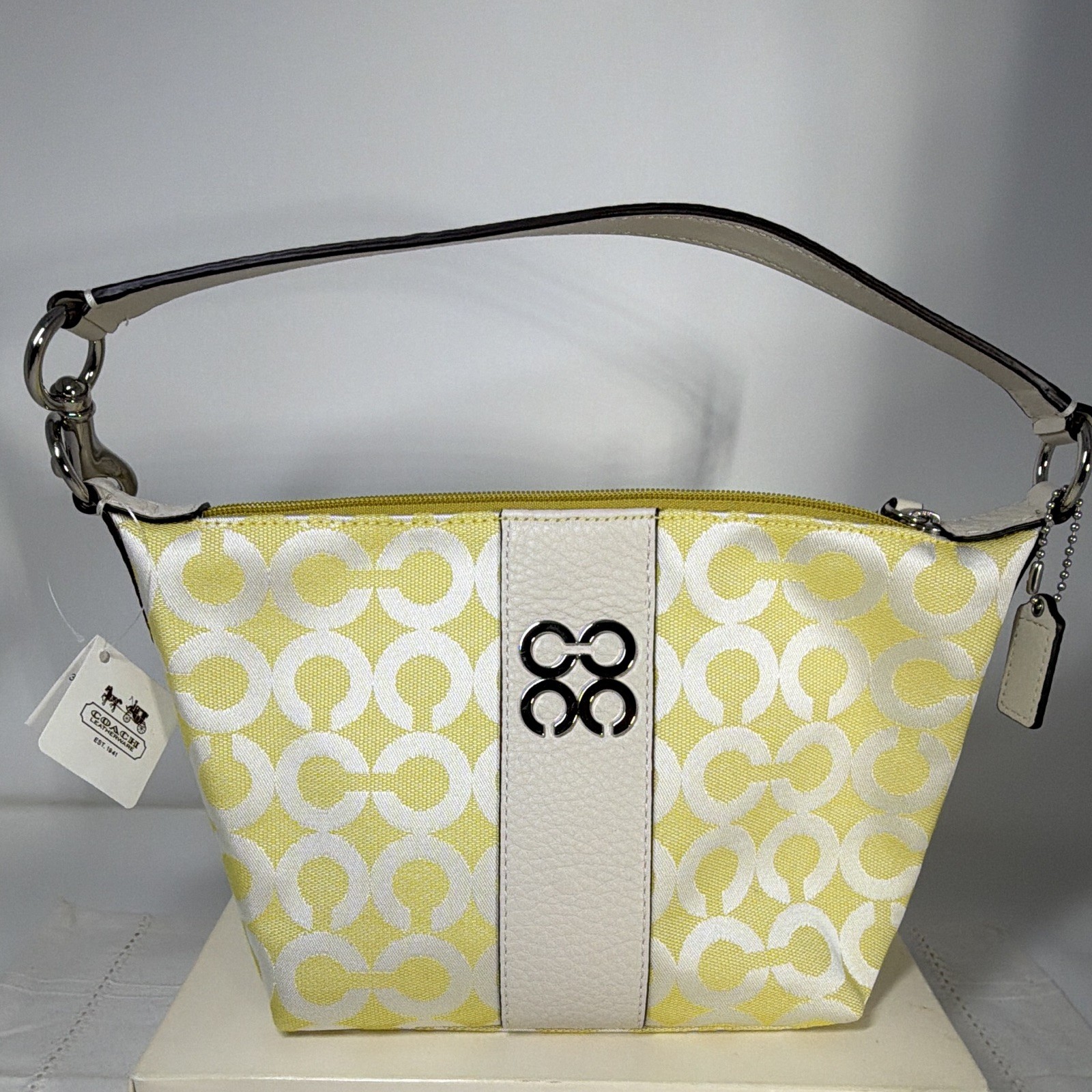 Coach Yellow White Signature Logo Small Shoulder Bag Zip Silver HW Lined Pockets