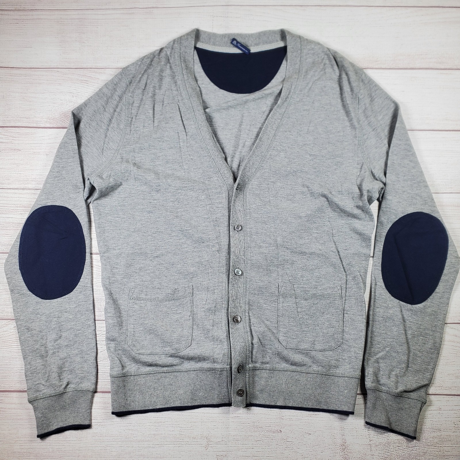 Finamore 1925 Gray Front Button Cotton Sweater Elbow Patches Size EU 52