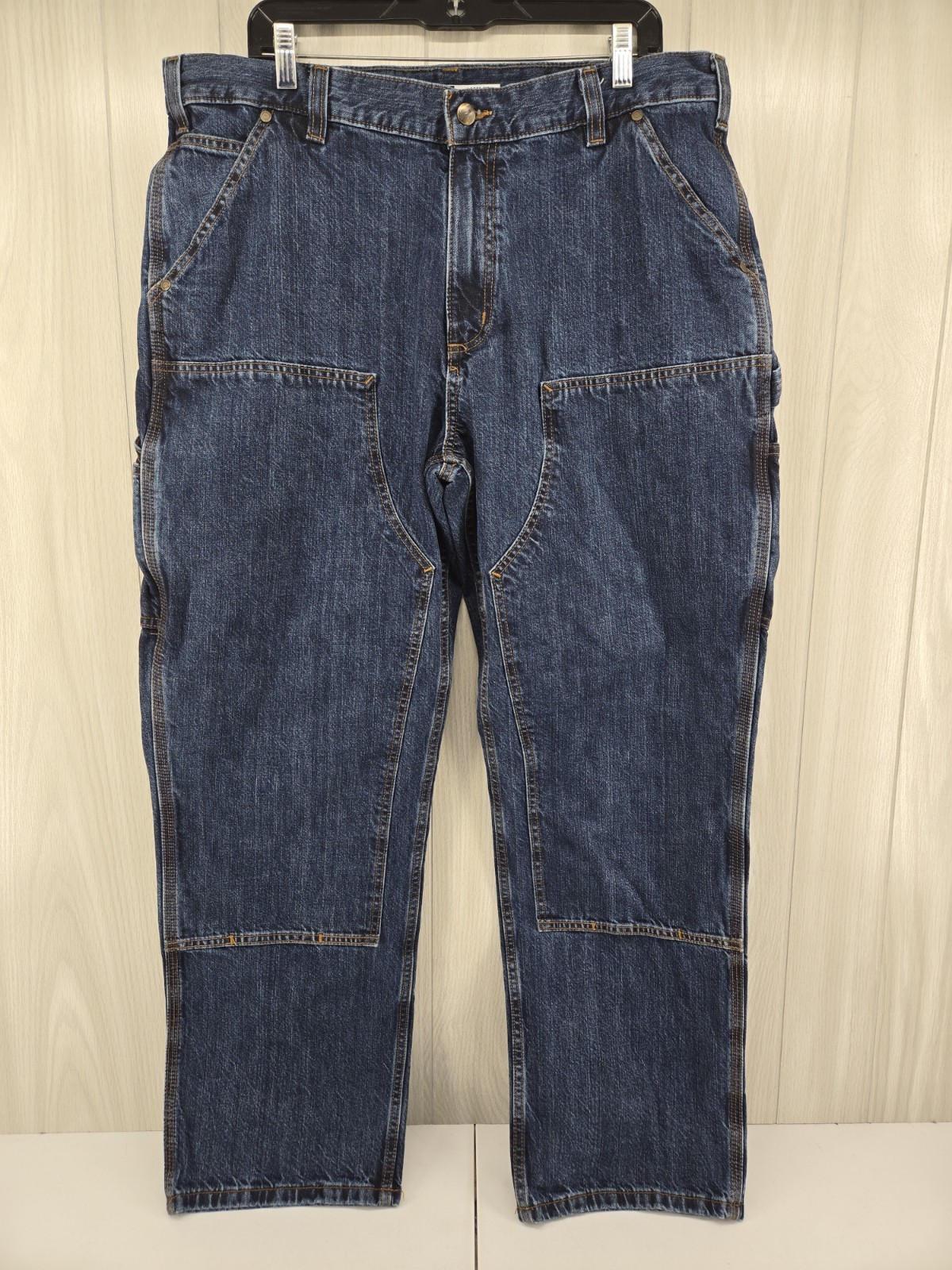 Carhartt Double Knee Jeans Men 38×32 Blue Denim Loose Fit Dark Wash 104944-H45