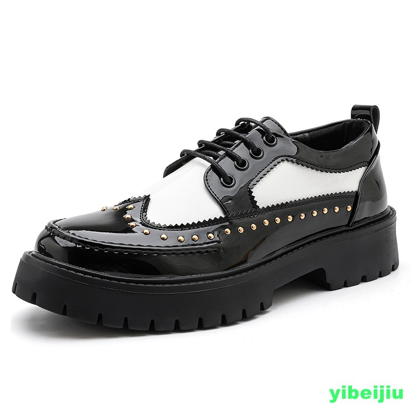 Mens Color Splicing Studded Rivets Round Toe Formal Dress Shiny Leather Shoe New