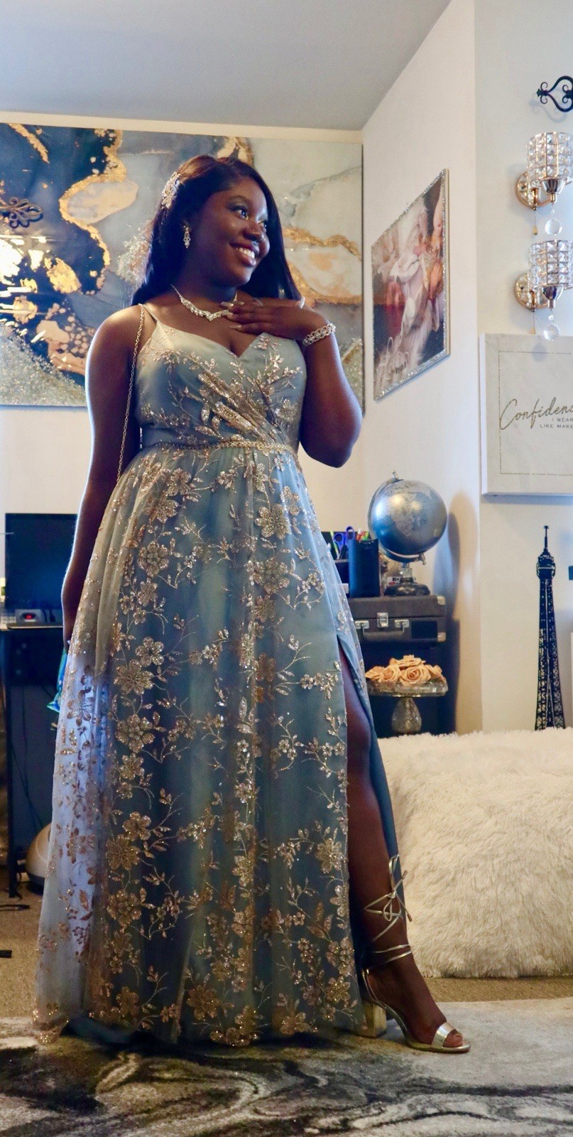 Gray and Gold prom dress w/ sequined and tulle skirt Backless